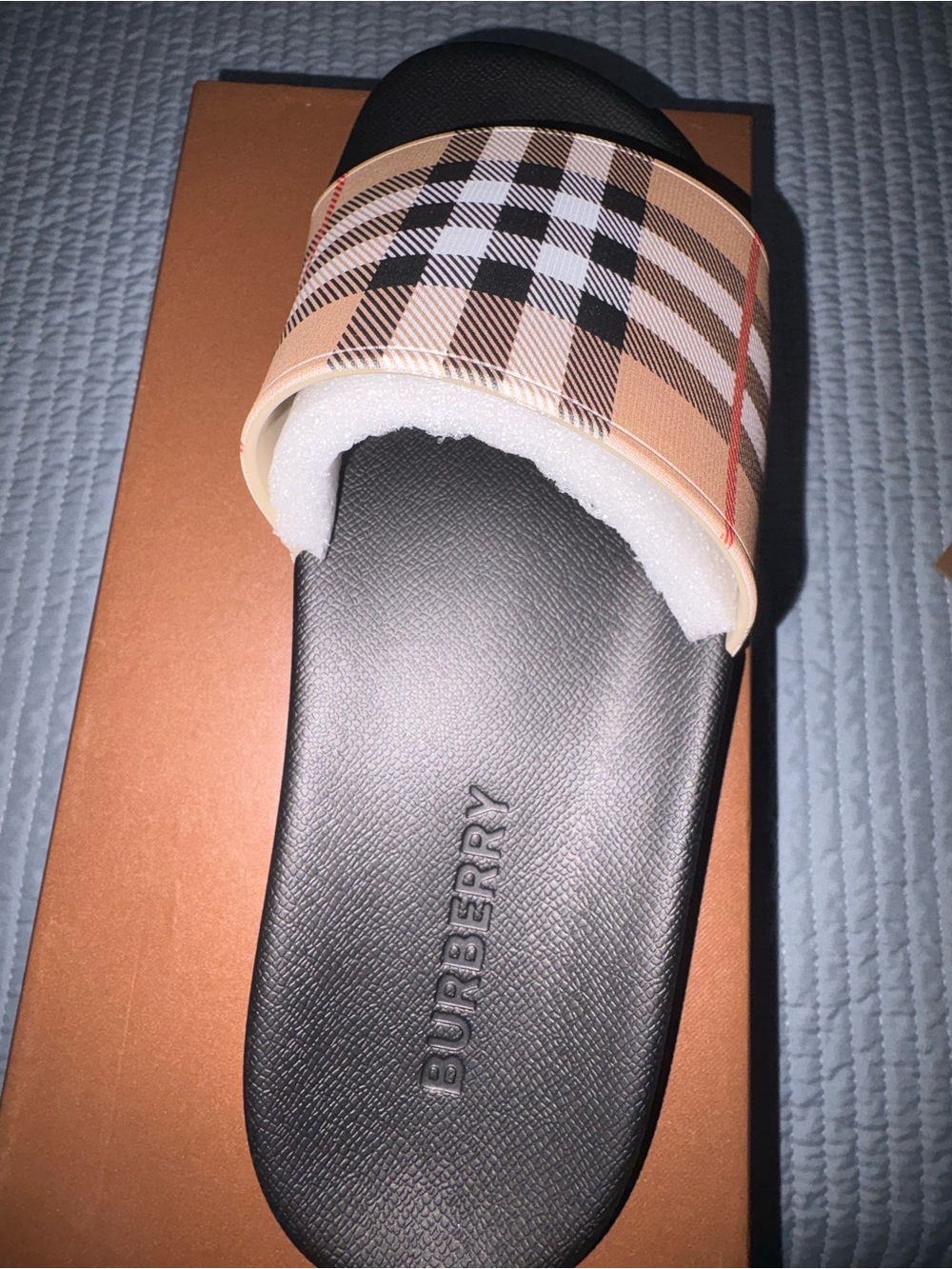 Burberry Black Footbed Slide with Beige Check Strap